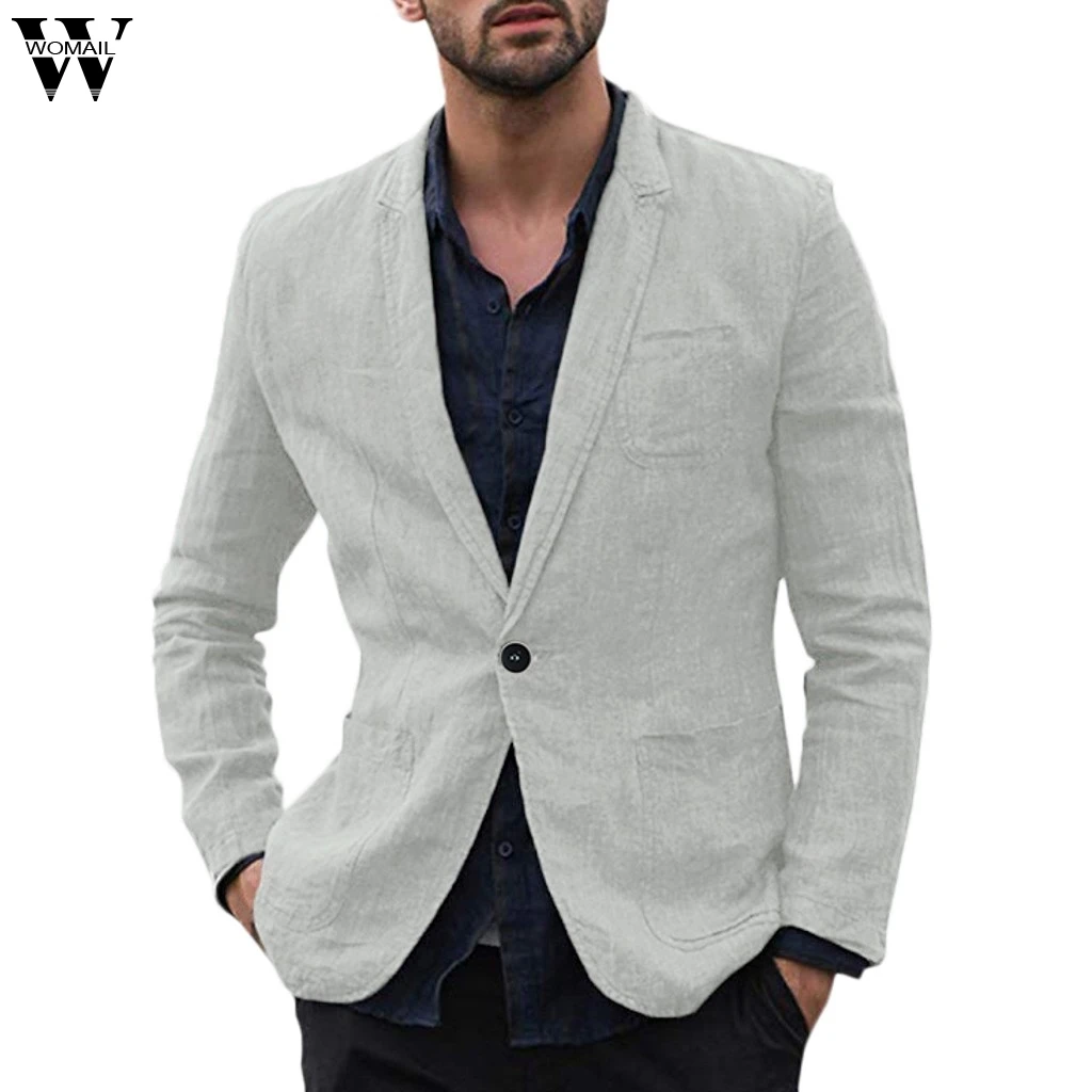 

Womail Linen Blend Suits Blazer Men's Slim Outwear Button Turn-down Collar Solid Color Long Sleeve Blazer JL26 Abrigo de hombre