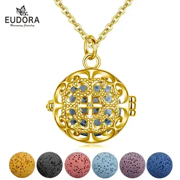 

EUDORA 14mm Aromatherapy Perfume Essential Oils Diffuser Necklace Hollow out Crystal CZ gold Locket Pendant with lava ball K393G