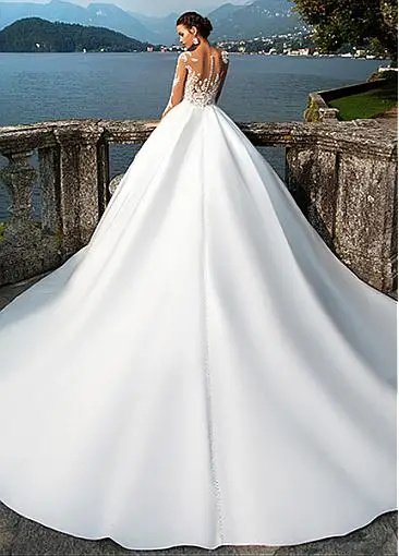 Элегантные атласные свадебные платья трапециевидной формы с v-образным вырезом и кружевной аппликацией; свадебное платье с длинными рукавами; свадебные платья; vestido longo de festa