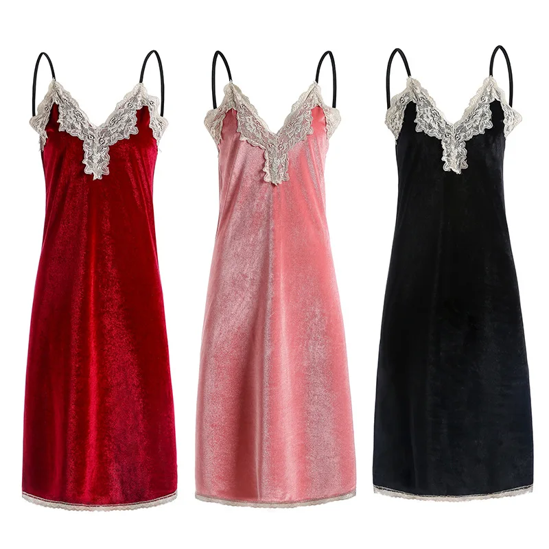 Autumn Nightgown Sexy Velour Spaghetti Strap Lace Short Nightwear Dress