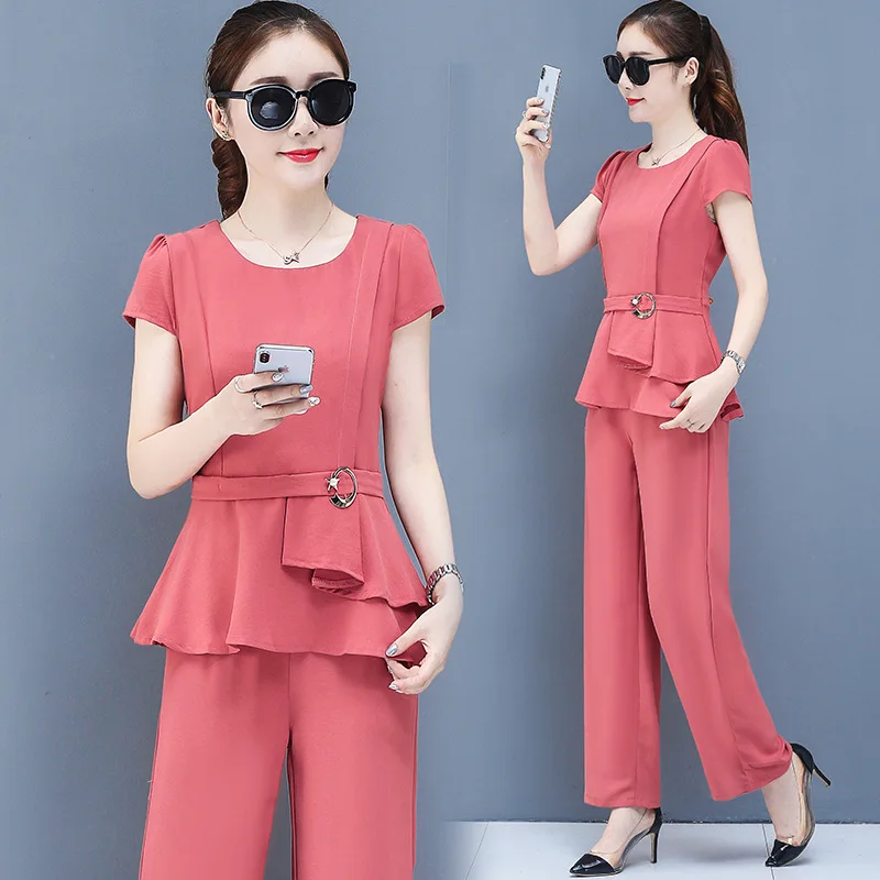 

Loose Pants WOMEN'S Suit Spring And Summer New Style Fashion Short Sleeve Chiffon Western Style Slimming Elegant Goddess-Style T