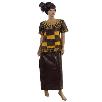 

MD Embroidery Bazin Clothes South Africa Women Short Sleeve Tops Shirt Skirt Suit Traditional Wears Wedding Party Lady Head wrap