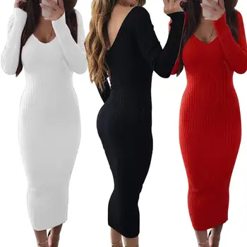 

Sexy Women Long Sleeve V Neck Bodycon Backless Ribbed Slim Knitted Midi Dress Skinny