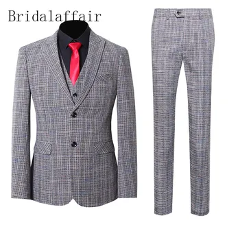 

KUSON 2020 Gentlemen Tuxedos Formal Party Suits Set Light Grey Color Slim Fit Plaid Men suits Peak Lapel 3 Pieces Prom Dress
