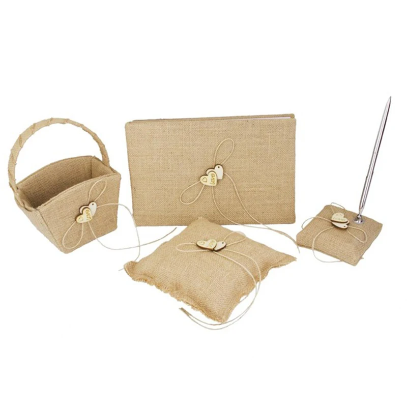 

4pcs/set Hessian Burlap Wedding Guest Book Set Ring Pillow Flower Girl Basket