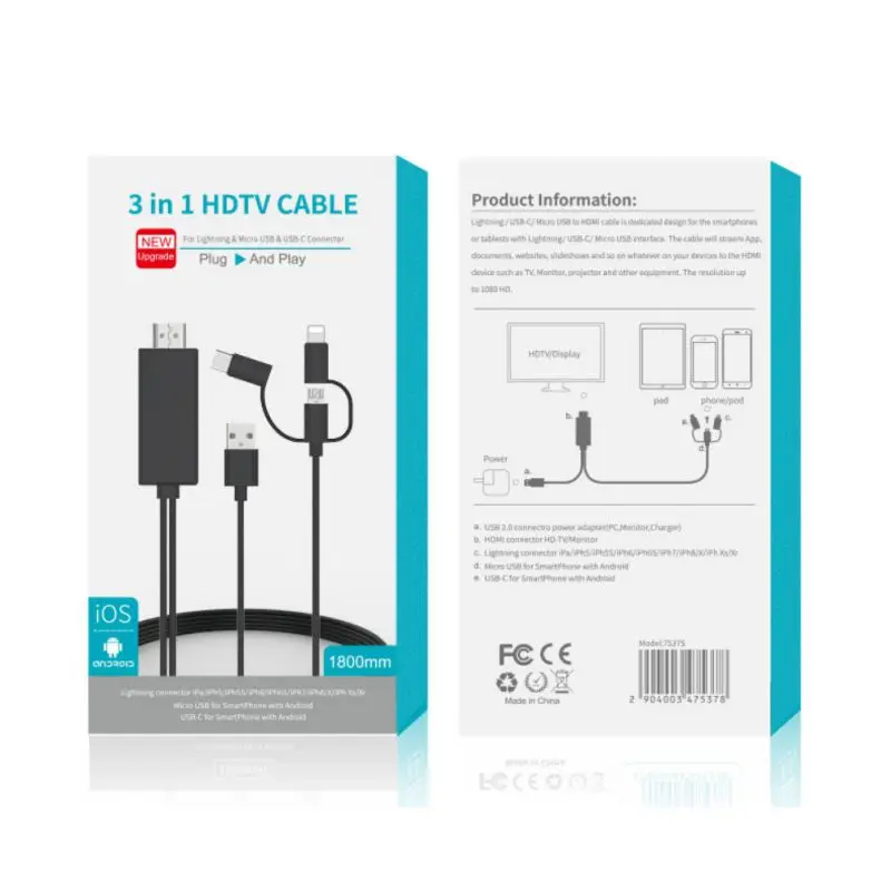 3-в-1 проводной экранный преобразователь Тип с разъемами типа C и HDMI 1080P Высокое разрешение Plug-and-play Кабель-адаптер для IPhone Apple IOS и Android телефонов