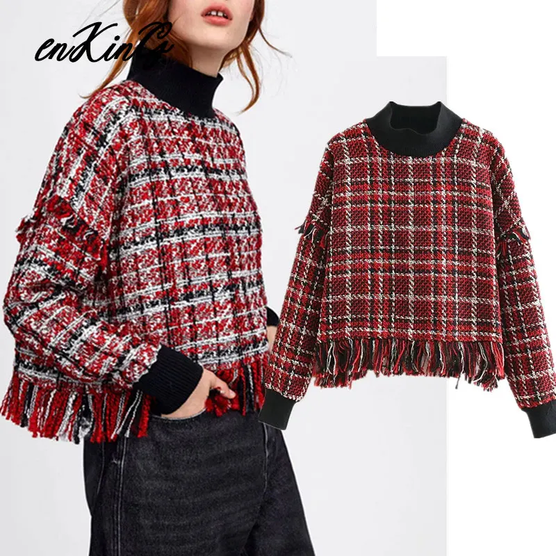 

2019 england style office lady vintage elegant twill soft tassles plaid short winter women sweatshirt pullovers tops