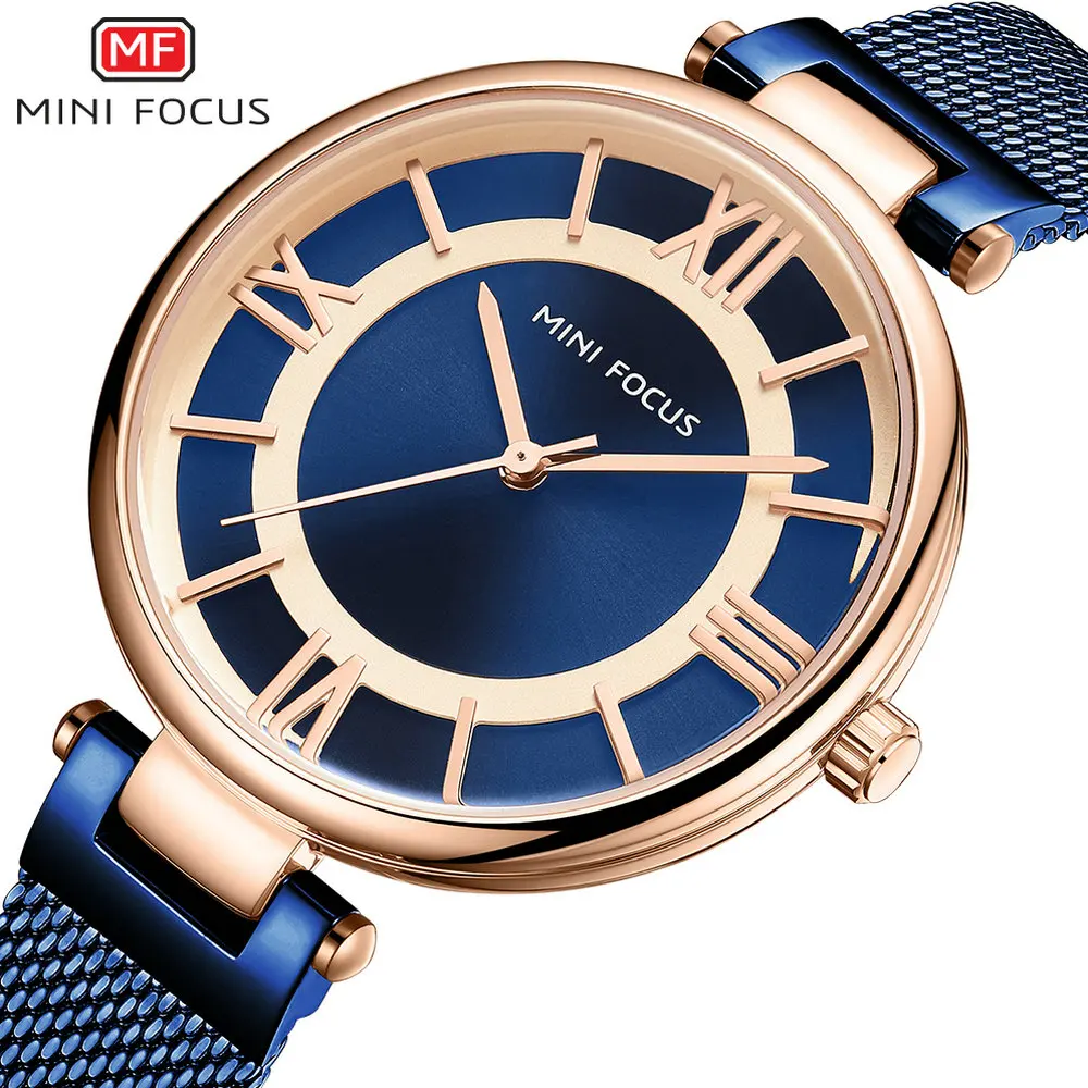 

MINIFOCUS Fashion Watch Women Waterproof Blue Quartz Clock Mesh Strap Roman Numeral Dial Classic Ladies Watches Top Brand Luxury