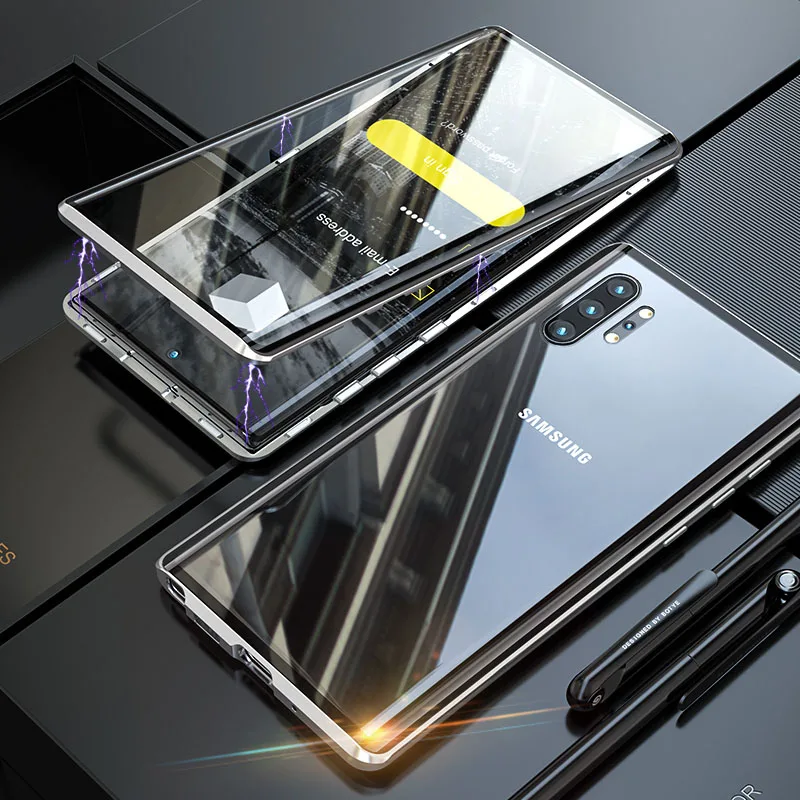 360 Полный корпус защитный чехол для samsung Galaxy Note 10 Note10 Pro Plus Алюминиевый металлический магнитный бампер Двусторонняя стеклянная крышка - Цвет: Silver