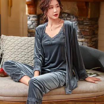 

3Pcs/set Gold Velvet Pajamas For Women Winter Warm Home Suit Long Sleeve Robe + Vest + Pants Sexy Sweet Lace Homewear Sleepwear