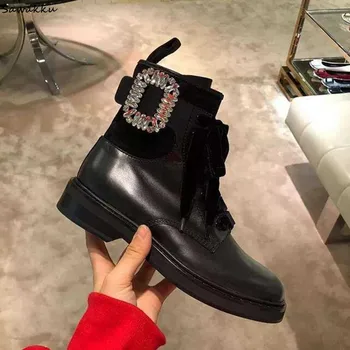 

Fashion Design Crystals Buckle Shoes Woman Black Suede Leather Ankle Boots Cross-tied Lace Up Riding Booties Flats Short Boots