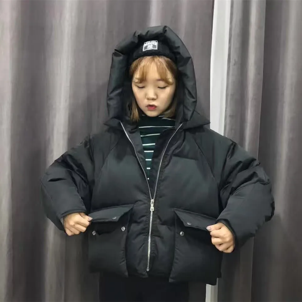 

Students' Clothes Women's Short INS Cotton Coat Bread Trend GIRL'S Harajuku Black And White with Pattern Versatile BF Cotton-pad