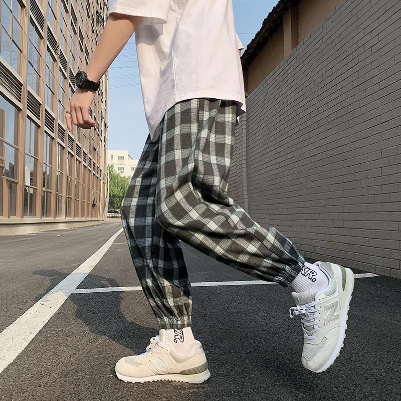 

Mens Summer Plaid Pants Striped Sweatpants for Man Japanese Harajuku Leggings Trousers Pencil Pants Pantalons Homme Streetwear