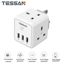 

TESSAN Cube Plug Extension Adapter with 2 Way Outlets and 3 USB Ports (3250W/13A), UK 3 Pin Wall Socket Charger Surge Protection