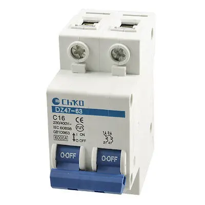 

DIN Rail Mounted DZ47-63 AC 230/400V 16A 2 Pole MCB Mini Circuit Breaker