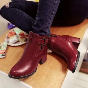 

2019 Women's High Heeled Shoes Soft PU Leather Round toe Square Heel Platform Autumn Winter Women Shoes Ankle Boots women boots