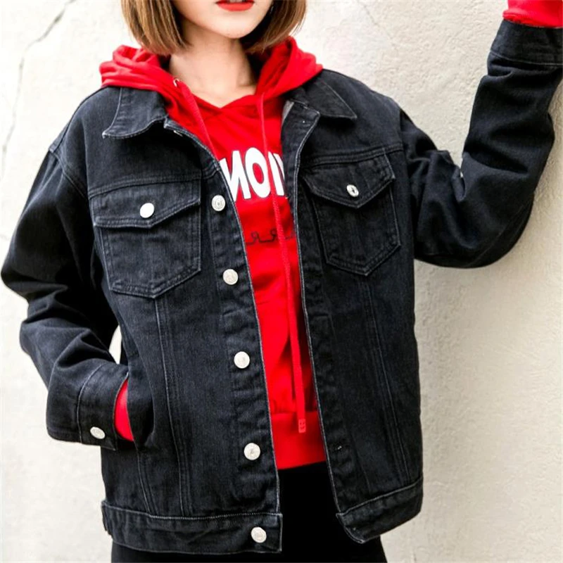 

Women Denim Jacket Black Loose Coat Casual Vintage Denim Female Outwear 2020 Solid Color Single Breasted Jacket Drop Shipping