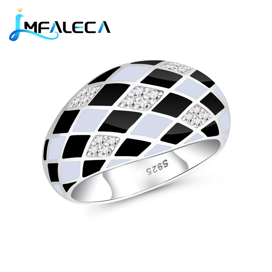 

LMFALECA Silver Ring for Women Black and Enamel Grid Decoration 925 Sterling Silver Ring with Zircon Fine Elegant Jewelry