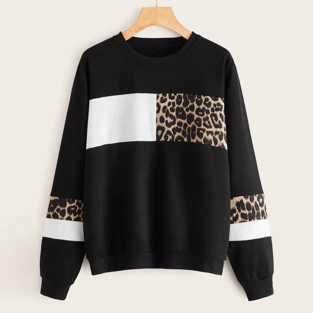 STORTO Womens Casual Long Sleeve Patchwork Leopard Print O-Neck Tops Sweatshirt