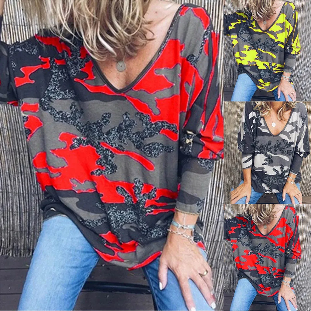

feitong harajuku vintage Women's V-neck Camouflage printing Long sleeve T-shirt Casual loose poleras mujer de moda 2019 #806