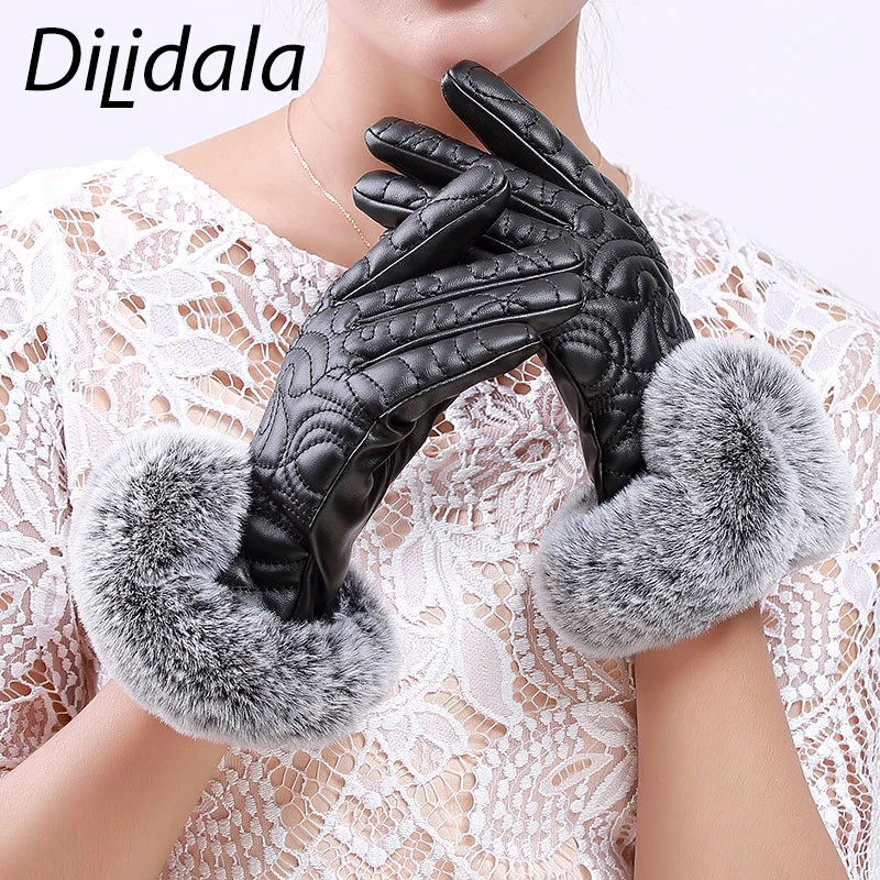Dilidala женские зимние перчатки из искусственной кожи с кроличьим мехом, теплые перчатки для сенсорного экрана, перчатки для велосипеда, утепленные бархатные милые ветрозащитные перчатки