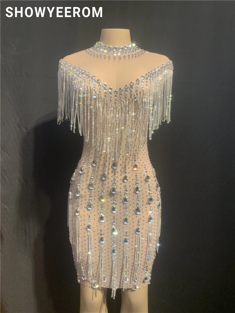 Женское платье для дня рождения, вечеринки, празднования камней, платье с кристаллами и бахромой, прозрачное Сетчатое платье, танцевальный костюм для ночного клуба, короткая юбка, платье