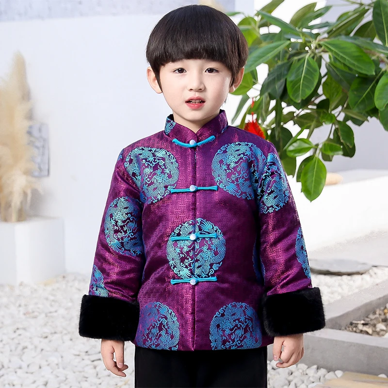 Tang/детский топ Cheongsam для мальчиков; Утепленные зимние костюмы Qipao из сатина; костюмы для малышей; свадебное китайское платье с длинными рукавами для девочек