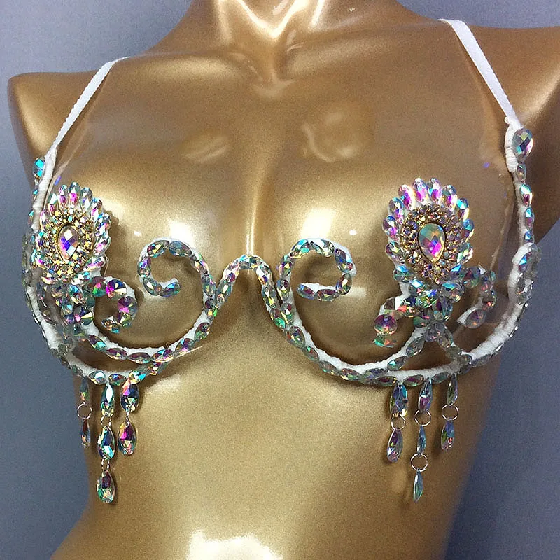 크리스탈 비키니 삼바 카니발 브래지어 레인보우 스톤 섹시 밸리 댄스 와이어 브래지어 성능 착용 레이브 복장