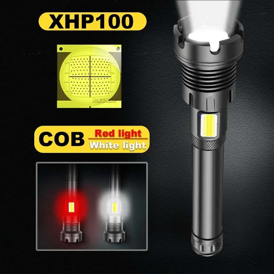 

XHP100 tictical led flashlight 18650 rechargeable torch with COB light high power flash light zoom work lamp XHP90.2 usb lantern