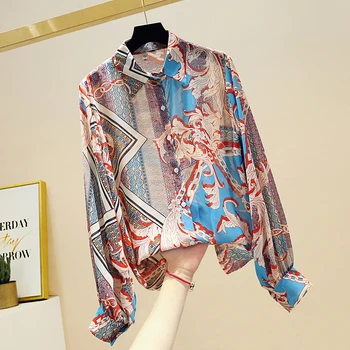 

Summer Autumn Blouse for Women 2020 New Retro Loose Pattern Print Chiffon Shirt Office Lady Long-Sleeved Shirt Thin Tops Blusa