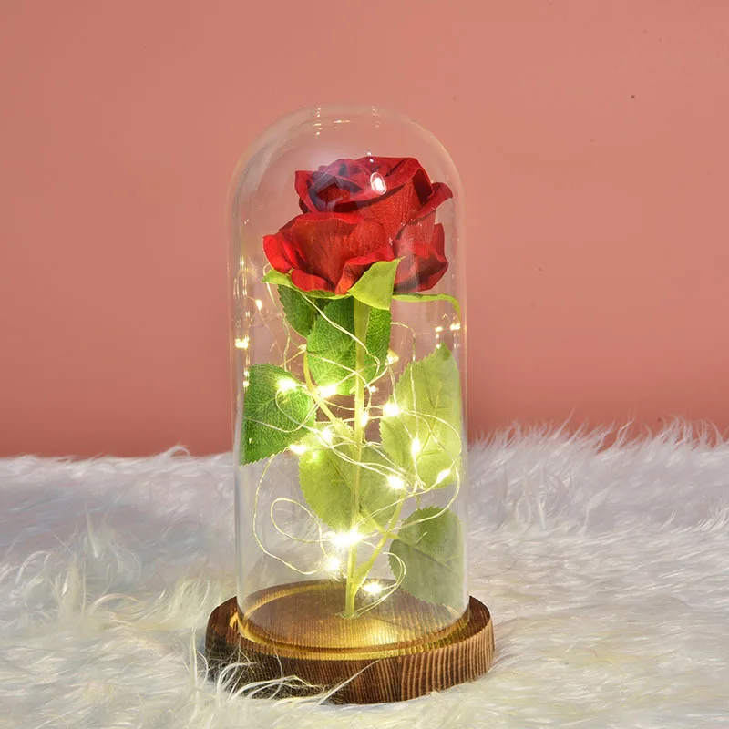 Rose In Glass Led Night Light Beauty And The Beast Little Prince Valentine's Day Gift artificial flower