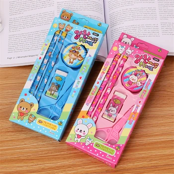 

1set Cartoon Kawaii Pencil Eraser Sharpener 5 In 1 Stationery Set For Boy Girls Kids Gift School Children Student