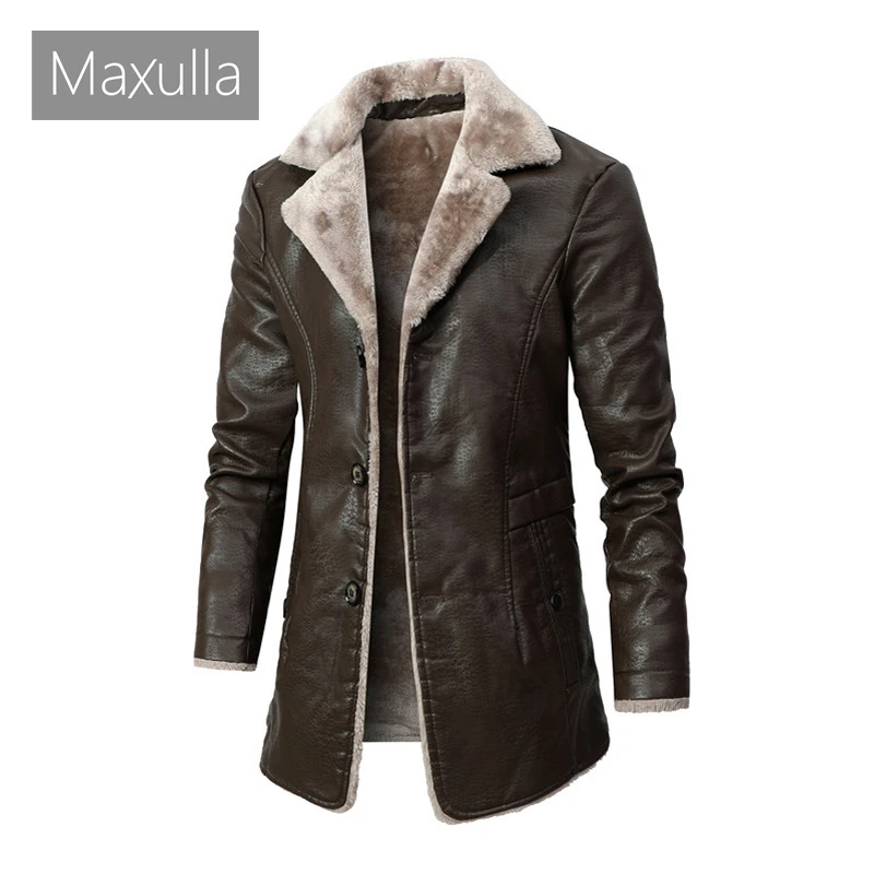 Maxulla-Chaqueta de invierno de cuero sintético para hombre, chaqueta informal de lana cálida para motocicleta, abrigo de cuero entallado de longitud media