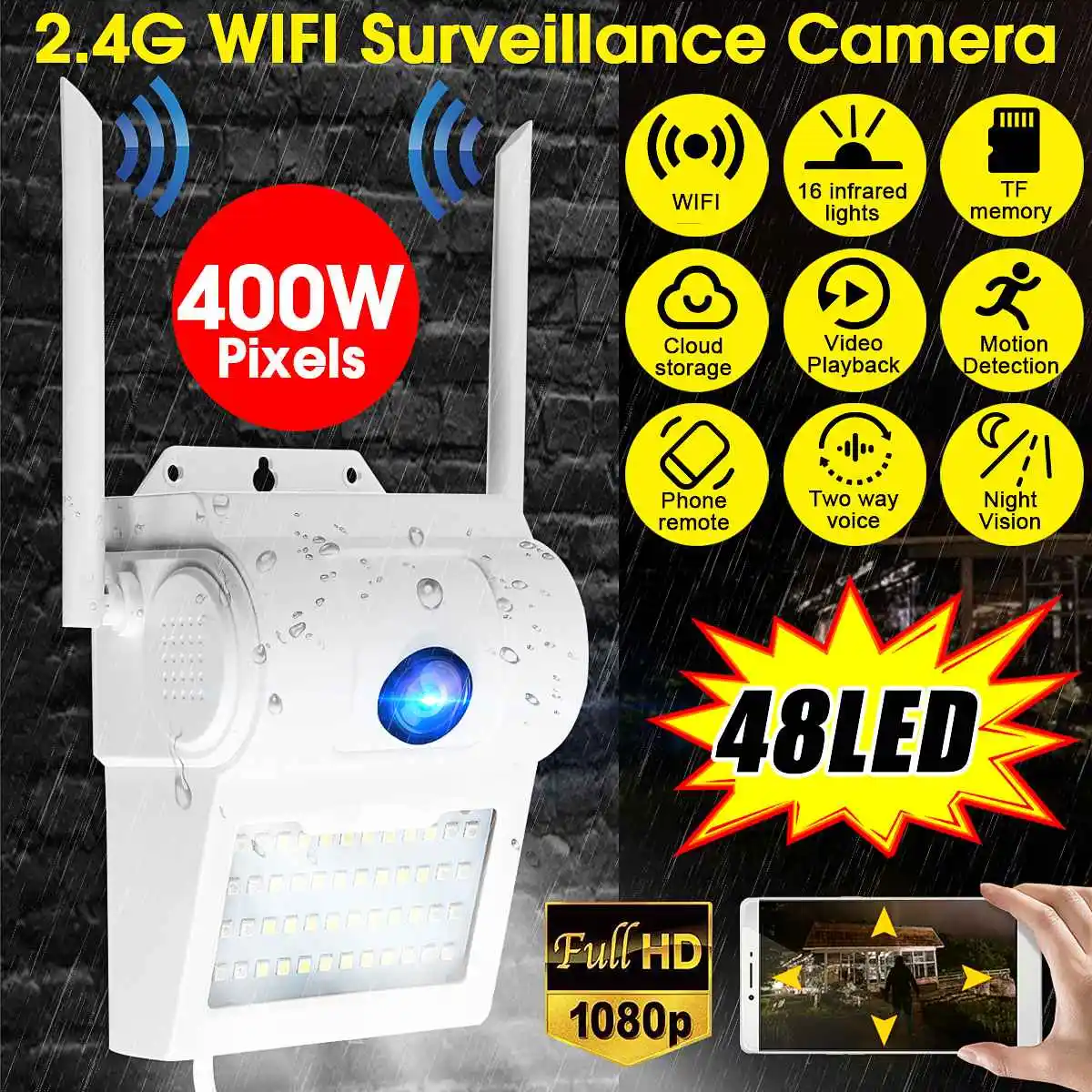 

1080P 2.4G WIFI Waterproof Outdoor Indoor Security CCTV Surveillance Camera Flashing Red LED 48 LED