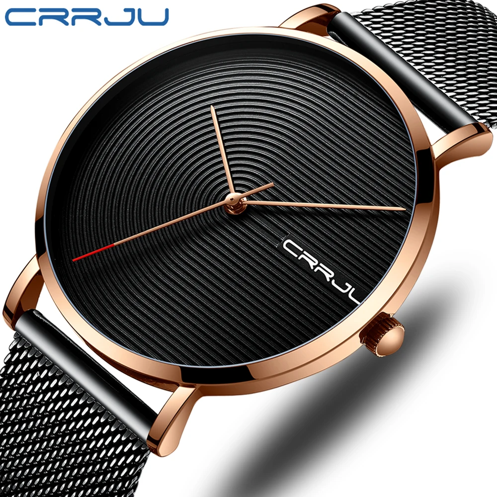 

CRRJU 2019 New Luxury Brand NEW Men Watch Fashion Waterproof Stainless Steel Mesh Band Wristwatch Simple Design Clock Relogio