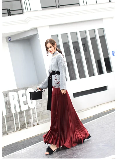 wine red(long 100cm) Летняя модная винтажная Серебристая золотая металлическая однотонная Расклешенная юбка макси с высокой талией, пляжные длинные плиссированные юбки для женщин - Цвет: wine red(long 100cm)