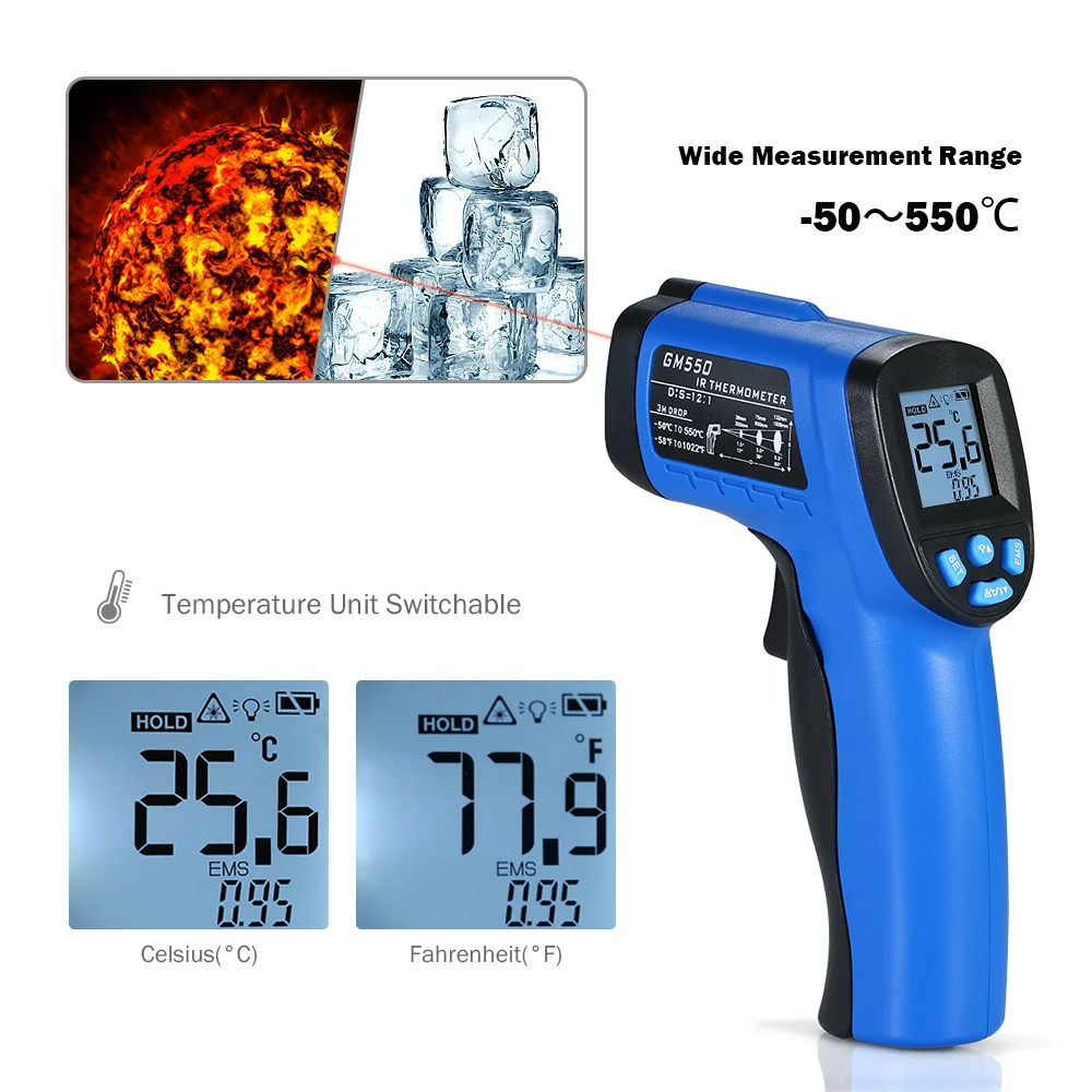 12:1 цифровой Бесконтактный ИК инфракрасный термометр Карманный пирометр для измерения температуры Терморегулятор ЖК-дисплей с задней