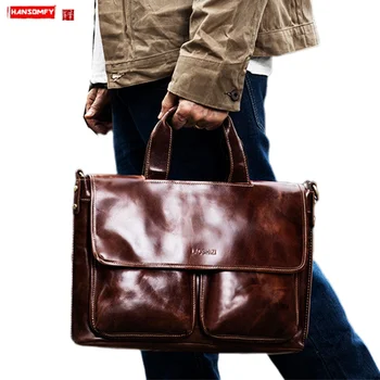 

High-End Leather Bag Business Men's Bag Handbag Men Leather Computer Bag Leather male Bag Casual Briefcase