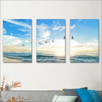 

Modern painting with ocean landscape blue sky design with DIY painting wall frame, wall modeling, vases, living room hand paint