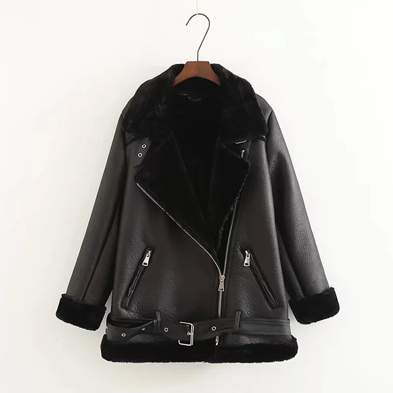 

2019 New Winter Women Sheepskin Coats Thicken high quality Faux Leather Fur Female Coat Fur Lining Leather Jacket Aviator