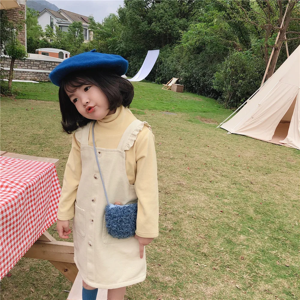 Autumn fashion girls cute stringy selvedge corduroy overalls dress solid color fleece thicken sleeveless suspender dress