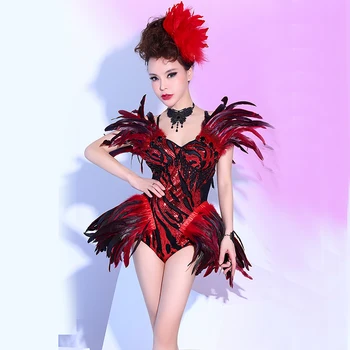 

Sexy long tail jazz dance jumpsuit with rhinestone feathers for women DS singer stage suit prom costume clothing set