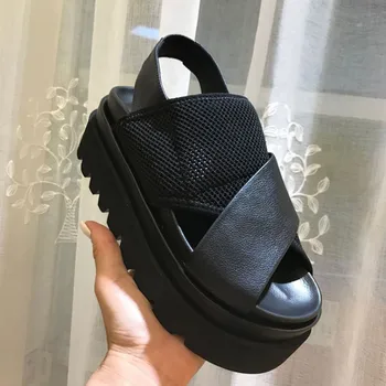 

Thick Fashion Summer Women Platform Sandals Beach Gladiator Mesh Patchwork Genuine Leather Sansals Casual Open Toe Wedges Shoes