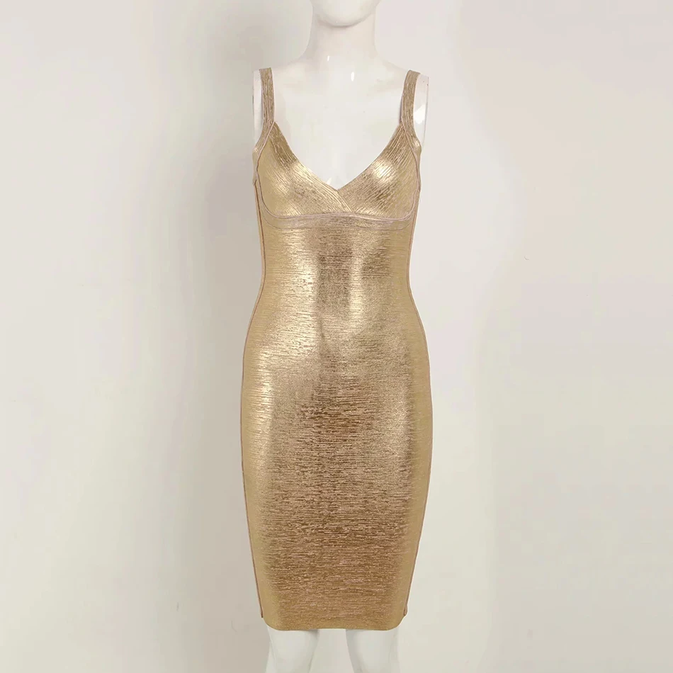 2019 New Summer Gold Bandage Dress Bodycon Vestidos Spaghetti Celebrity Runway Dress Sexy Club Costume Party Dress