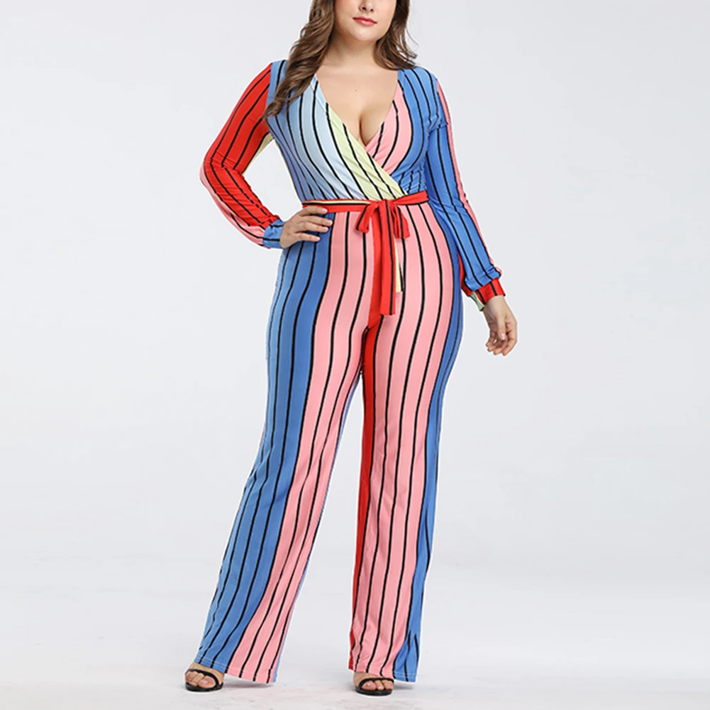 

Fadzeco Autumn Plus Size Women Jumpsuit Stripe Print Sexy Deep V Neck Long Sleeve Wide Leg Jumpsuit Club Party Rompers