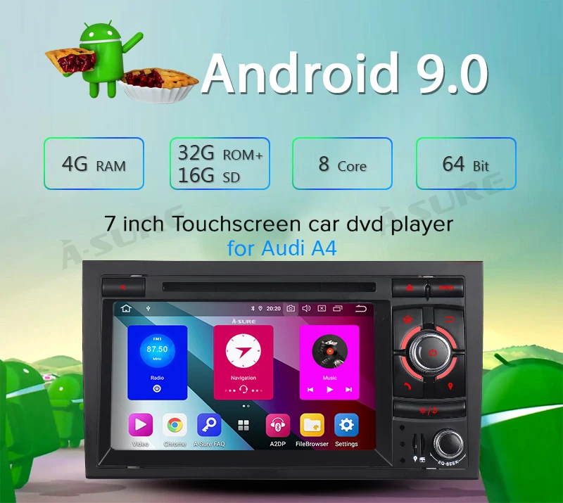 Sale A-Sure 7 Inch 2 Din 8 Core Android 9.0 Radio GPS DVD Player Navigation For Audi A4 (2002-2007) S4 RS4 8E 8F B9 B7 SEAT EXEO RNS 6