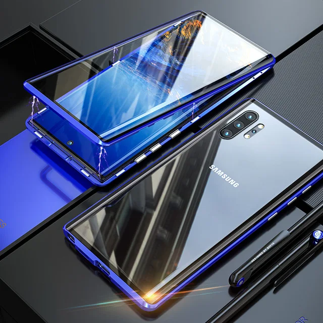 360 двойной Магнитный чехол с полной защитой для samsung A40 A50 A70 S10, чехол из закаленного стекла для Galaxy Note 10 PLUS, чехол - Цвет: Blue