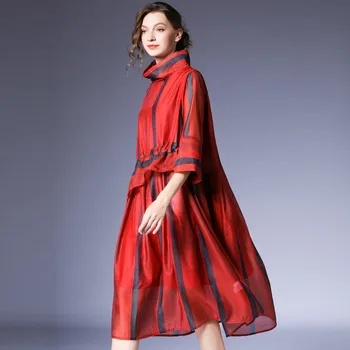 

Brand Women's Spring Dress Loose Red Striped Elegant Summer Knee-Length Dress High Quality Fashion office work dresses ok262ok