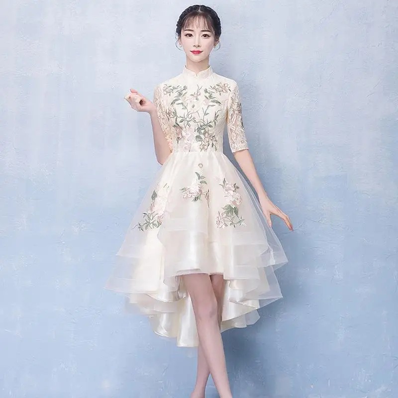 Женское тонкое платье вечерние Длинные Cheongsam свадебное роскошное сексуальное свадебное платье Qipao модная одежда в китайском стиле Vestido - Цвет: Champagne - D