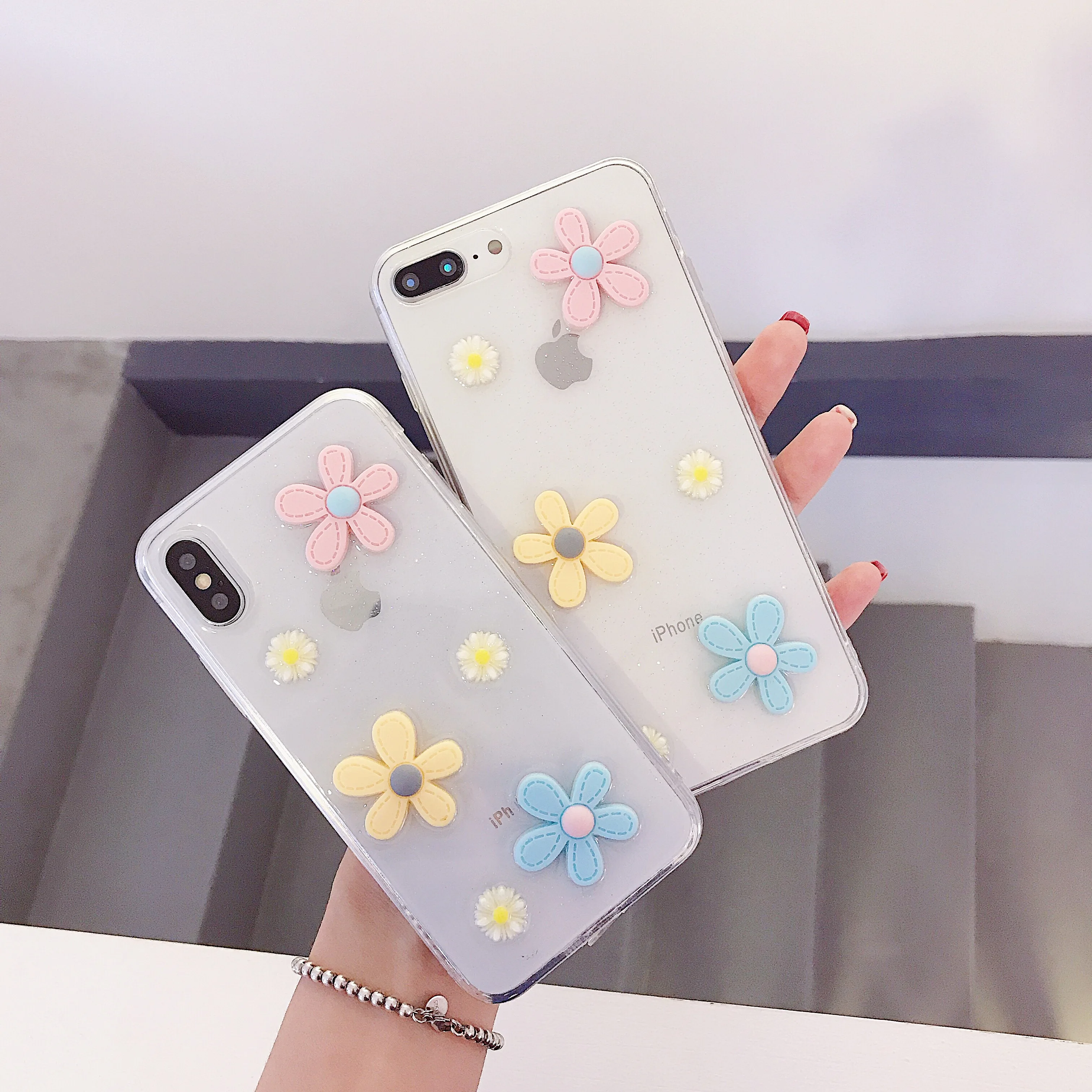 

Cute 3D Daisy Flower Phone Case for iPhone XR X 6S 7 8 Plus Transparent Silicone Soft TPU Case for iPhone XS Max Shell FUNDA